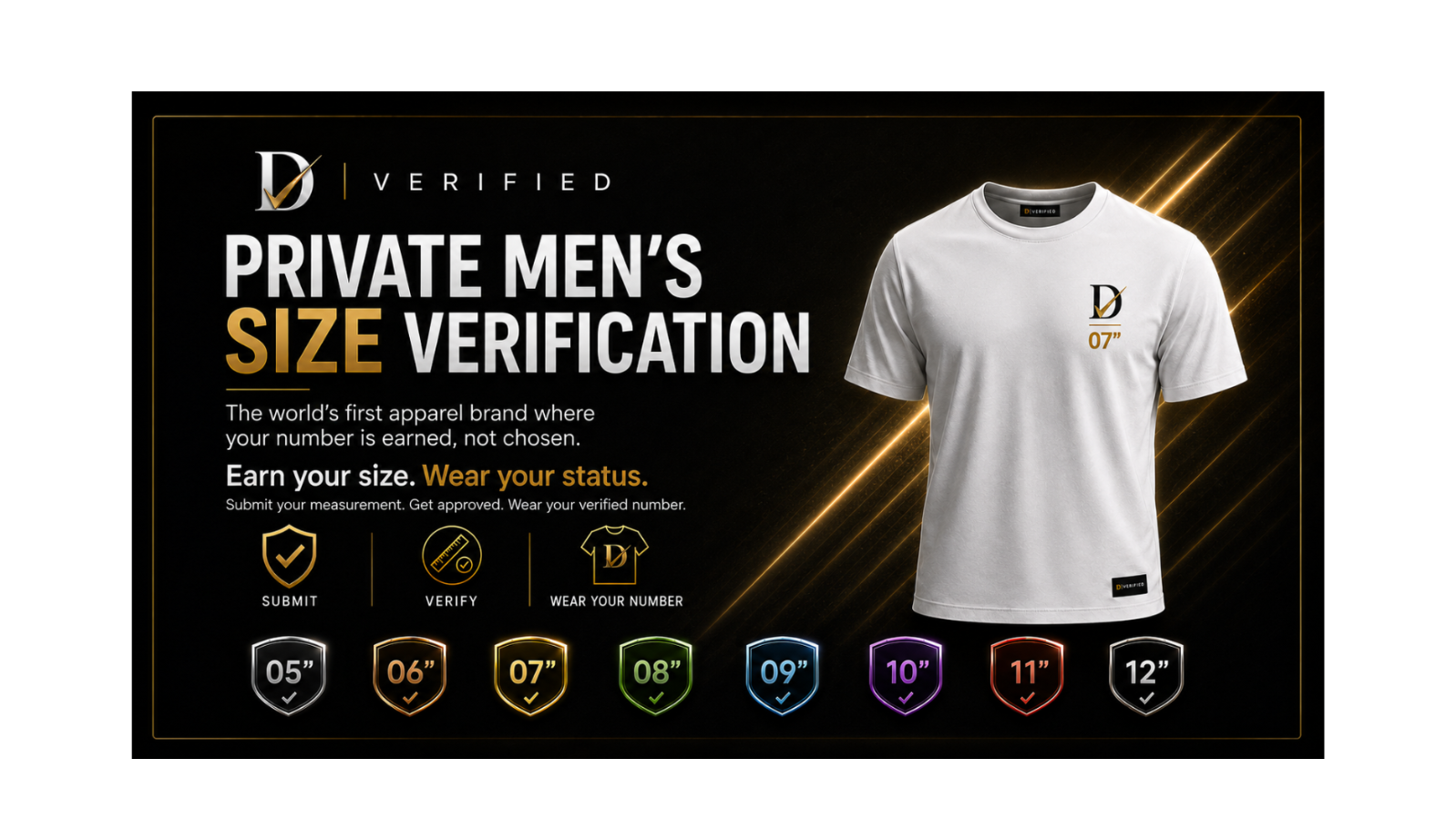 Promotional graphic for a verified apparel brand showing a white short-sleeve t-shirt on the right with a small black 'D' logo and '07' text. The left side contains large text reading 'PRIVATE MEN'S SIZE VERIFICATION' with size options from 05 to 12 displayed along the bottom on a black background with gold light streaks.